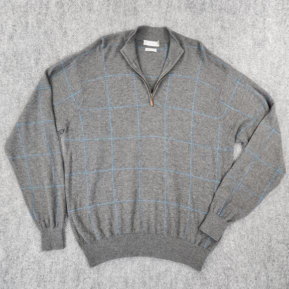 Peter Millar Sweater Mens XL Gray Blue Windowpane Pure Cashmere 1/4 Zip Pullover - Picture 1 of 14
